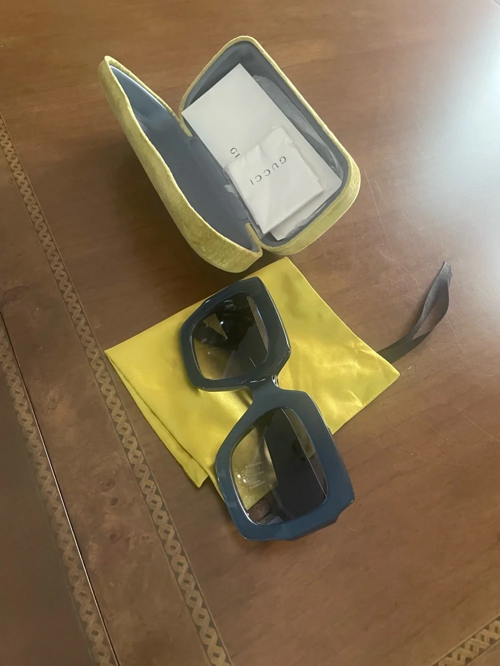 Gucci Blue Rectangular Logo Sunglasses with Gold Accents